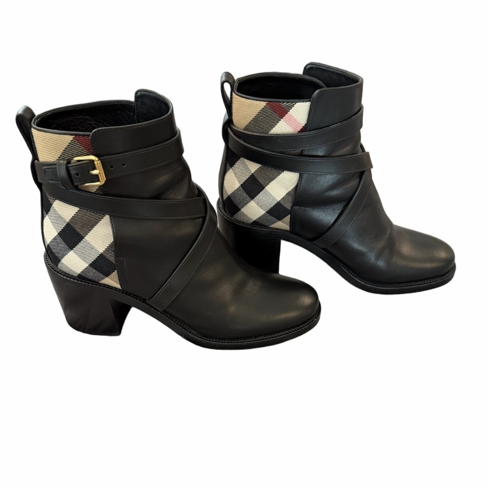 Burberry Black Leather Ankle Boots Check Panel